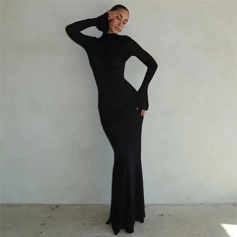 Black Backless Maxi Dress for Women with Trumpet Sleeves - 2024 Autumn Collection