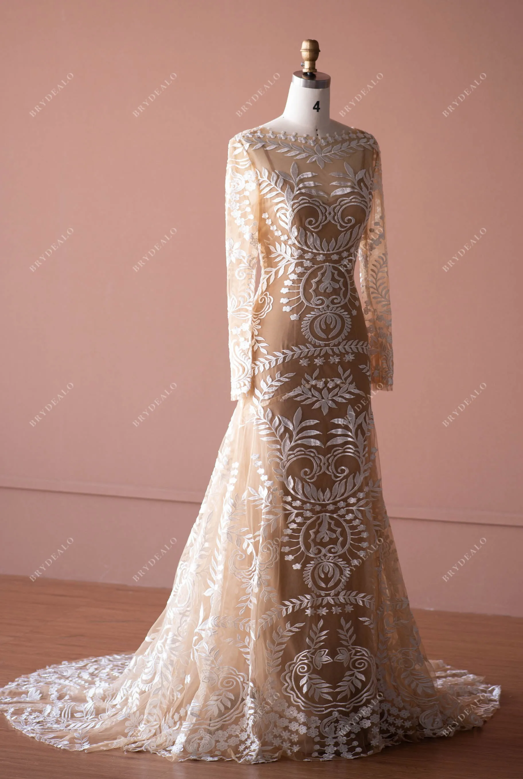 Boho Sleeved Lace Wedding Dress with Slip