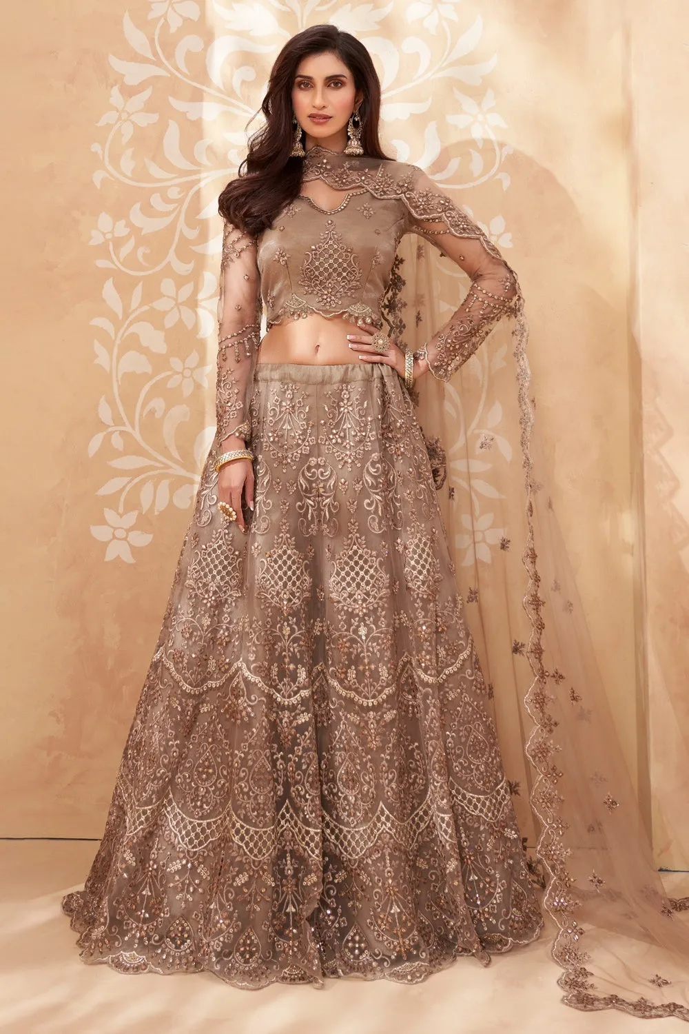 Bridal Trendy Brown A Line All Embroidered Lehenga Choli