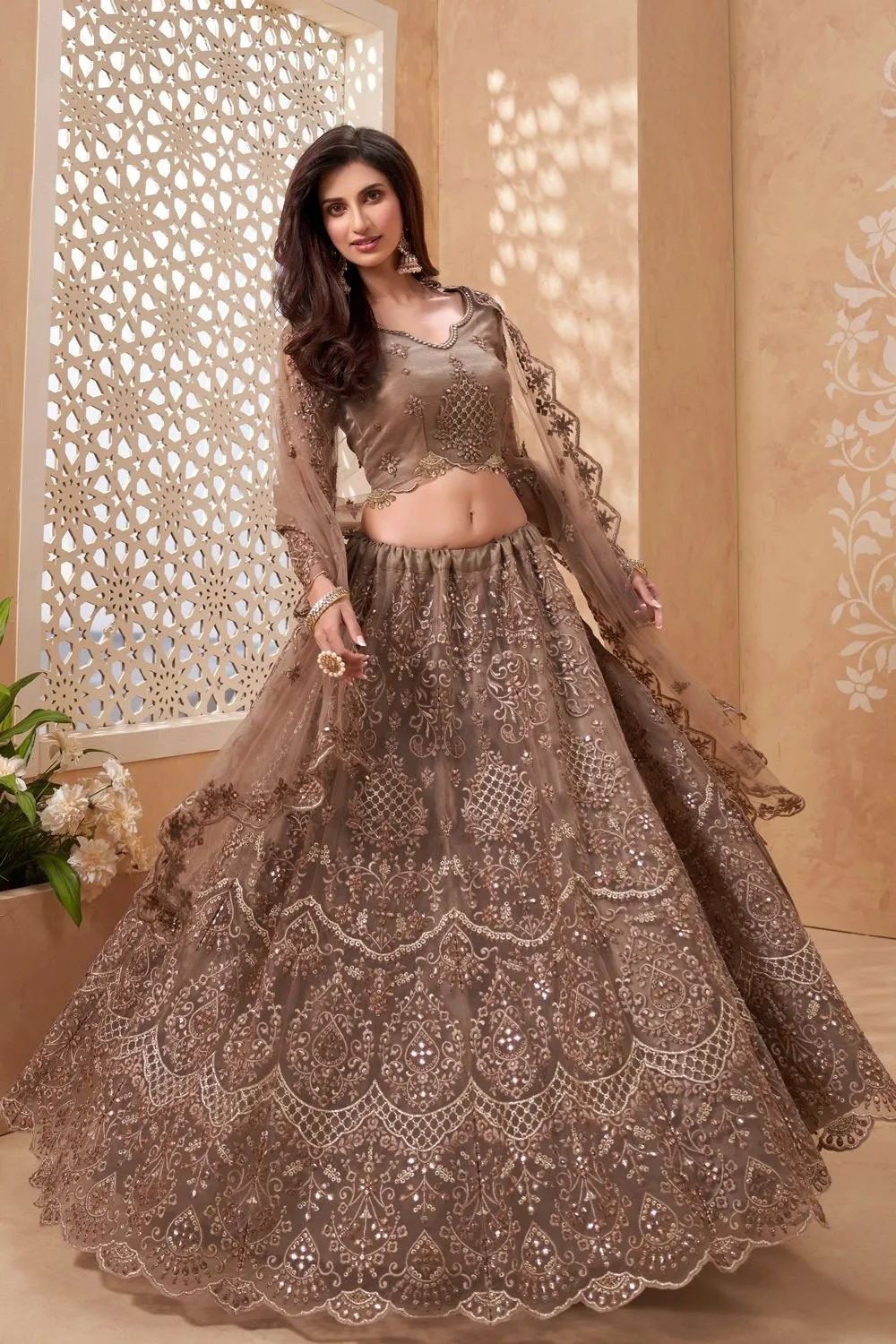 Bridal Trendy Brown A Line All Embroidered Lehenga Choli