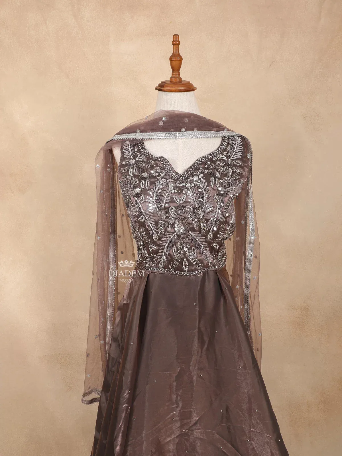 Brown Sequins and Glitters Floral Design Gown