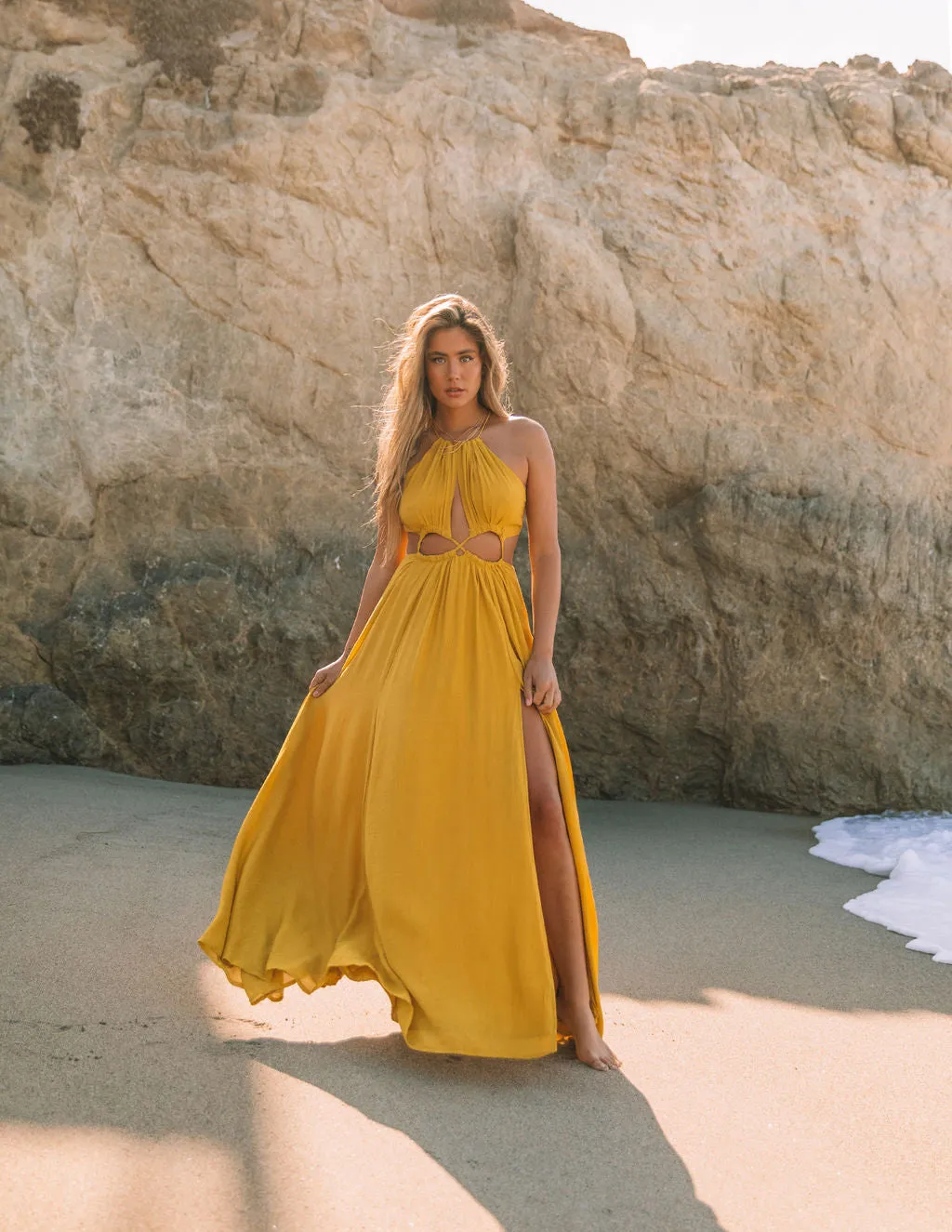 Cailey Cutout Halter Maxi Dress - Moss Yellow