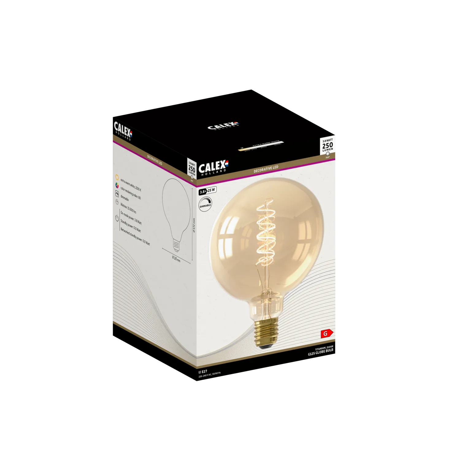 Calex Spiral Filament LED Lamp - E27 - G125 - Gold - 3.8W - Dimmable