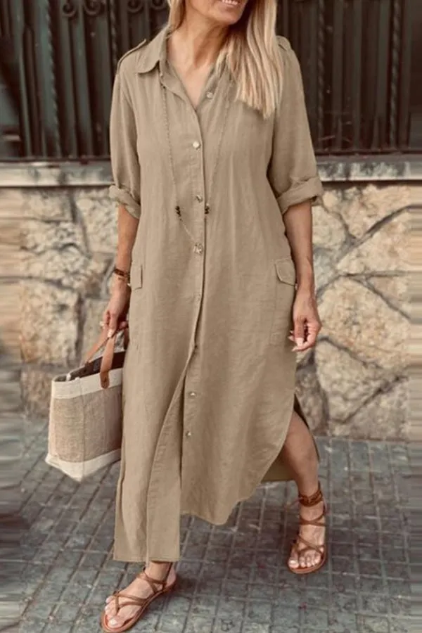 Casual solid color lapel long sleeve shirt dress