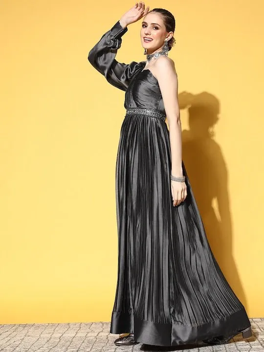 Charcoal Grey Pleated One Shoulder Gown with Belt