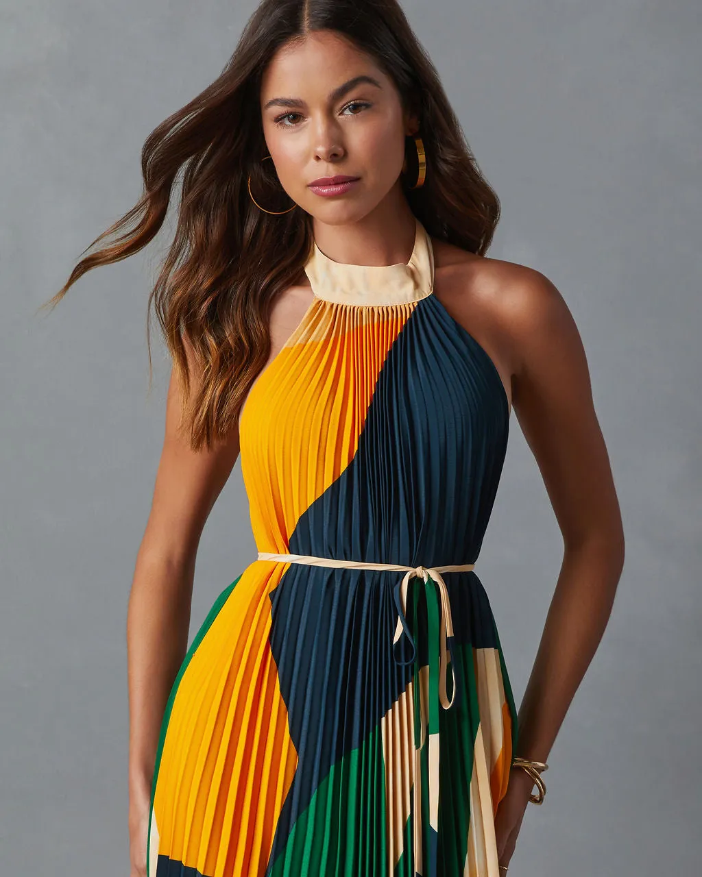 Cheyenne Abstract Pleated Halter Midi Dress