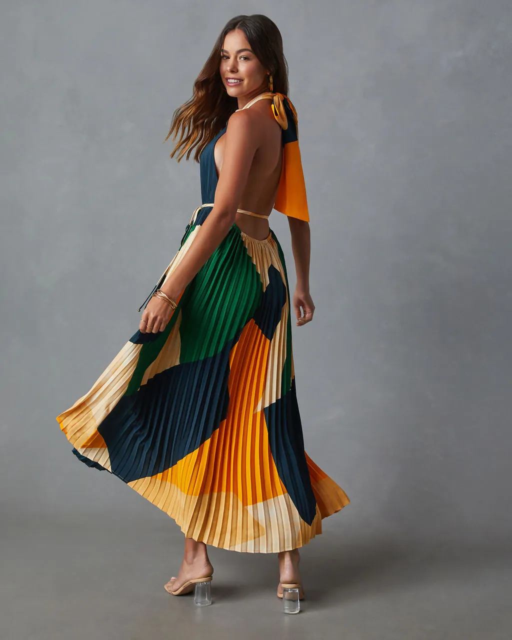 Cheyenne Abstract Pleated Halter Midi Dress