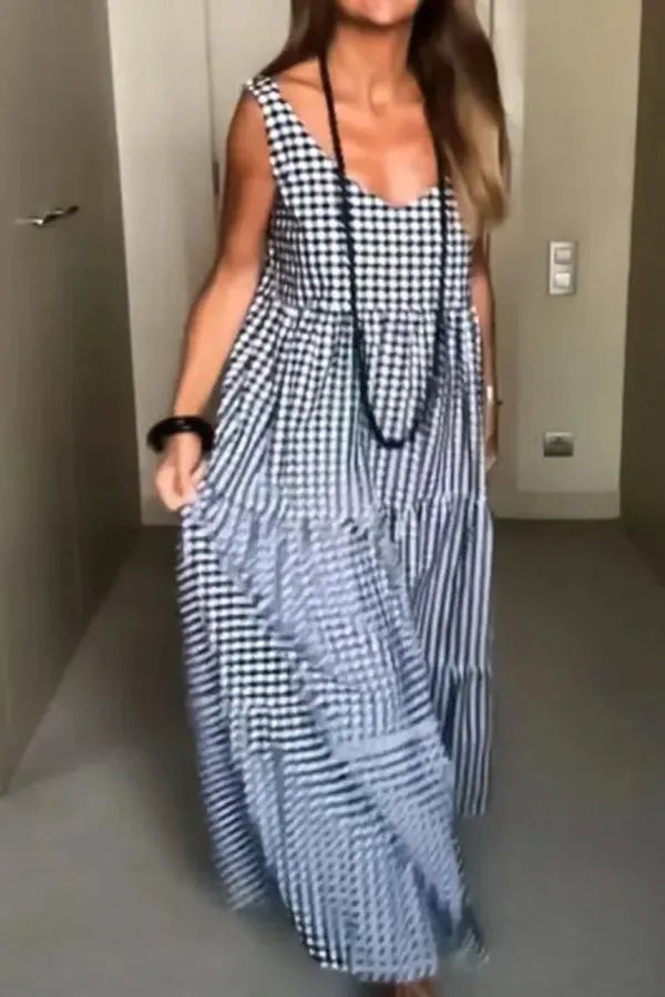 Cotton And Linen Plaid Loose Maxi Dress