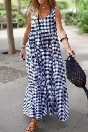 Cotton And Linen Plaid Loose Maxi Dress