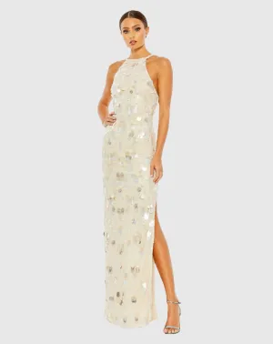 Crystal Embellished Cascade Open Back Column Gown