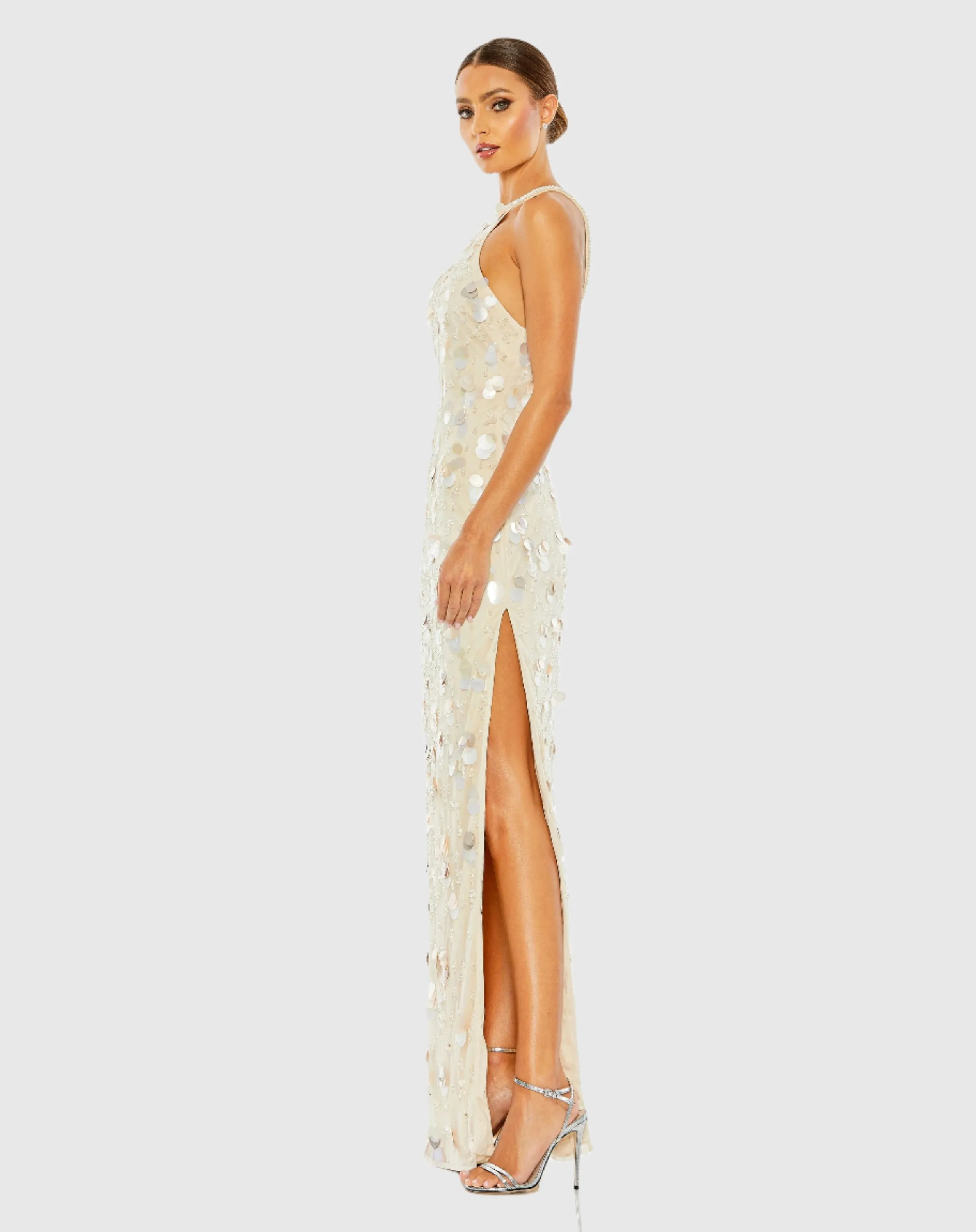 Crystal Embellished Cascade Open Back Column Gown