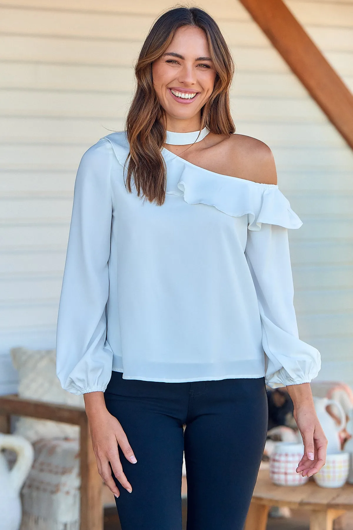 Dakota One Shoulder Frill White Top