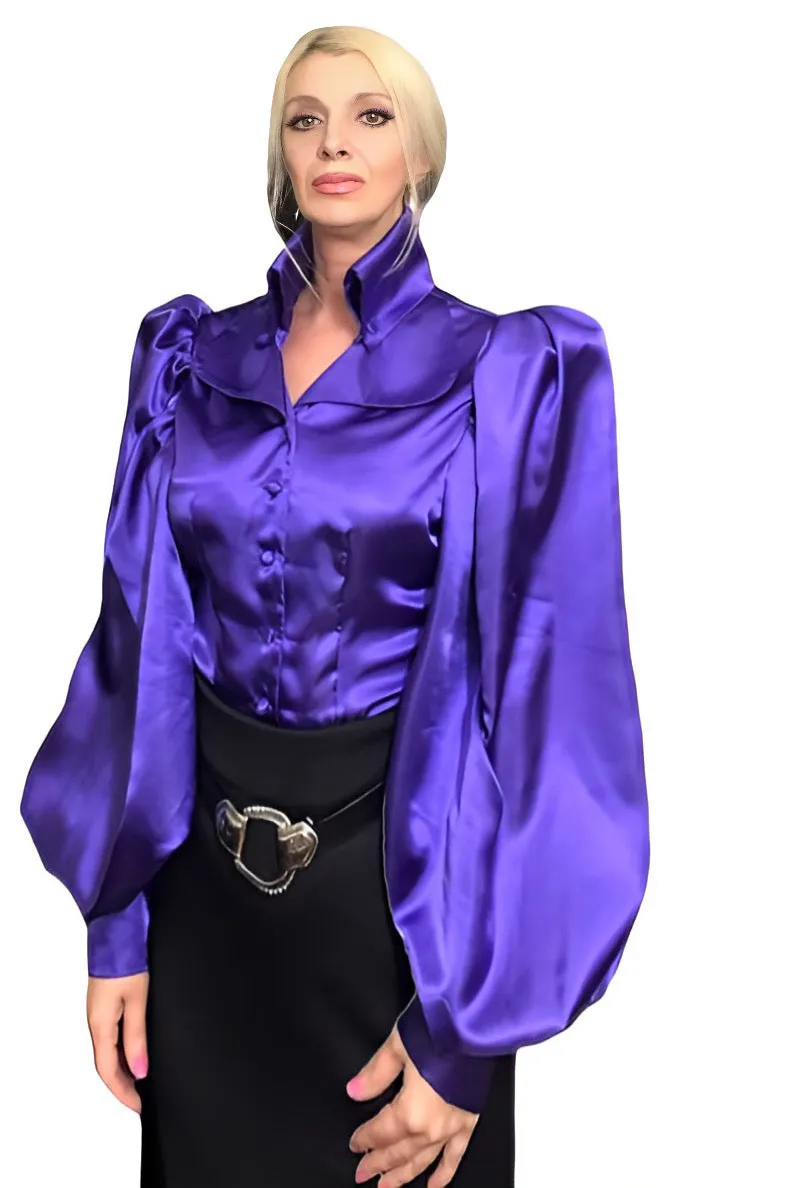 Deep purple lapel collar satin puff sleeve top in sizes XS S M L XL 2XL 3XL 4XL