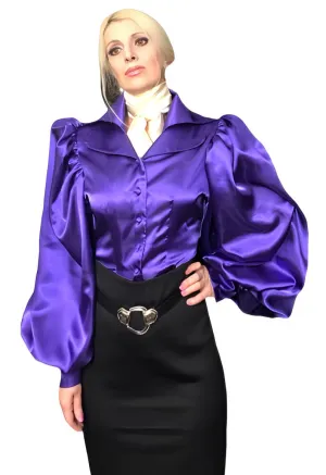 Deep purple lapel collar satin puff sleeve top in sizes XS S M L XL 2XL 3XL 4XL