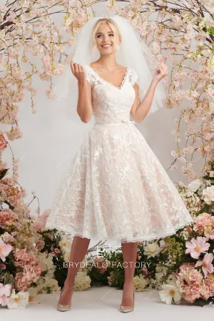 Designer Lace Tea-Length Cap Sleeves Modern A-line Bridal Dress