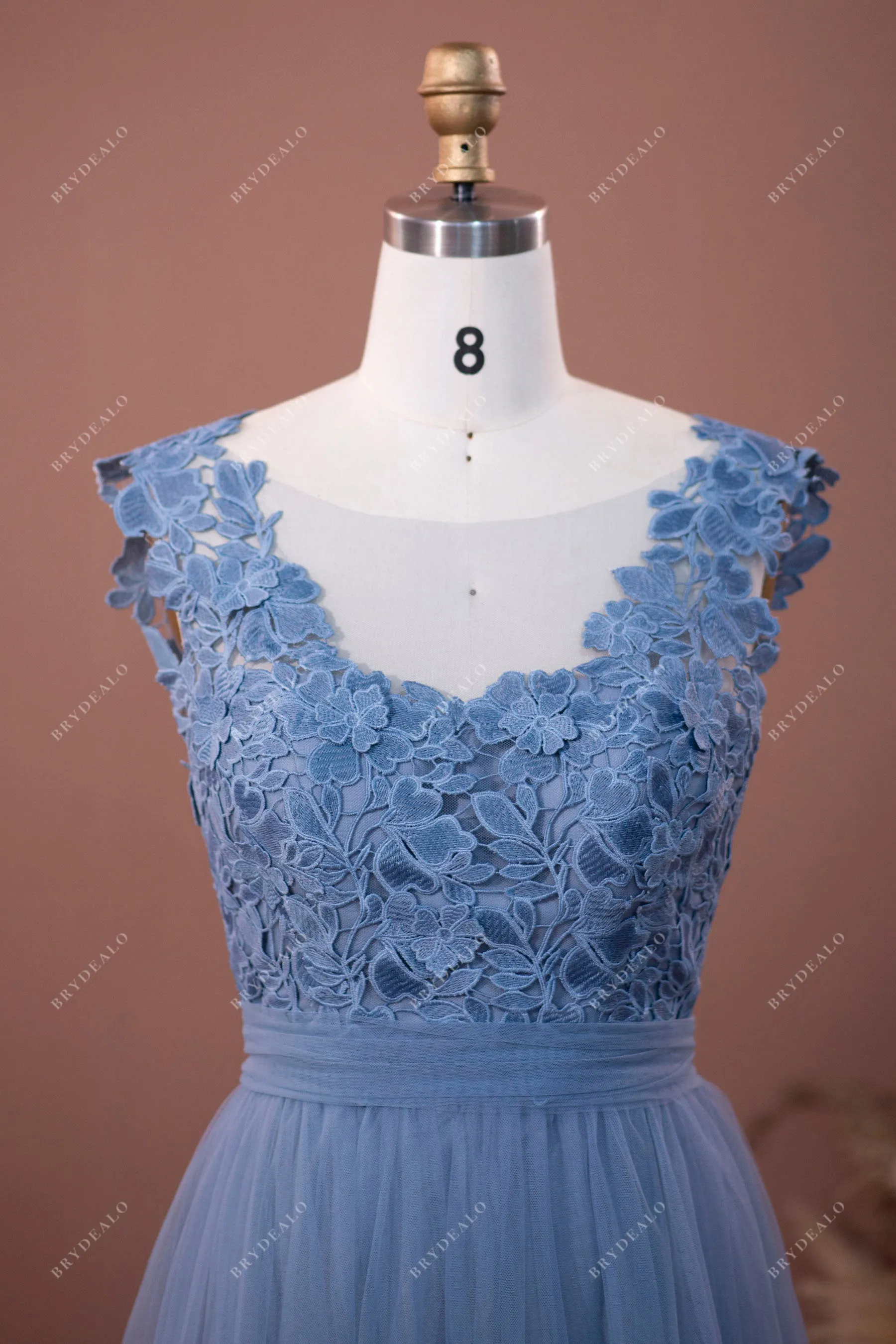 Dusty Blue Lace Tulle A-line Bridesmaid Dress