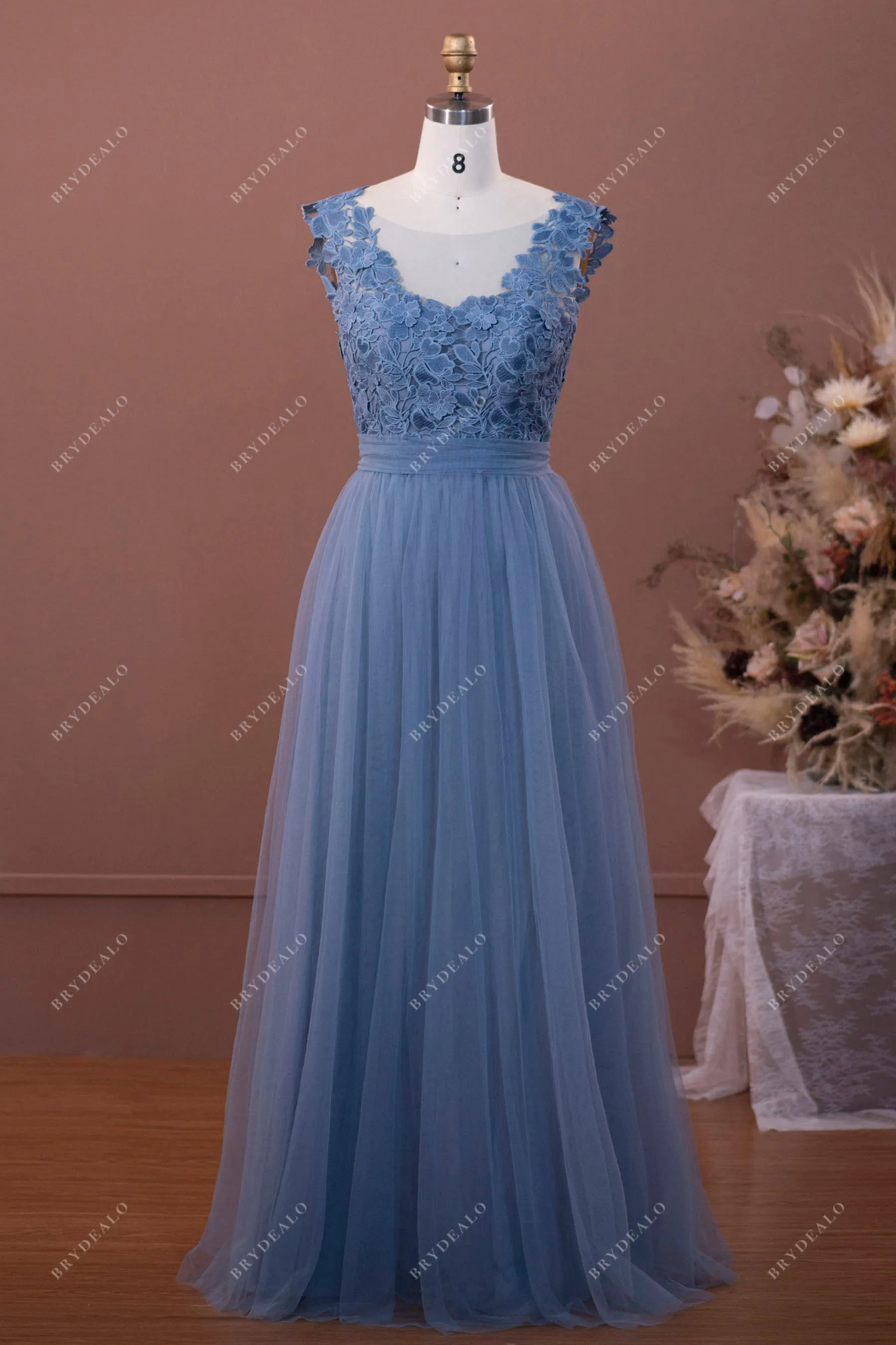 Dusty Blue Lace Tulle A-line Bridesmaid Dress