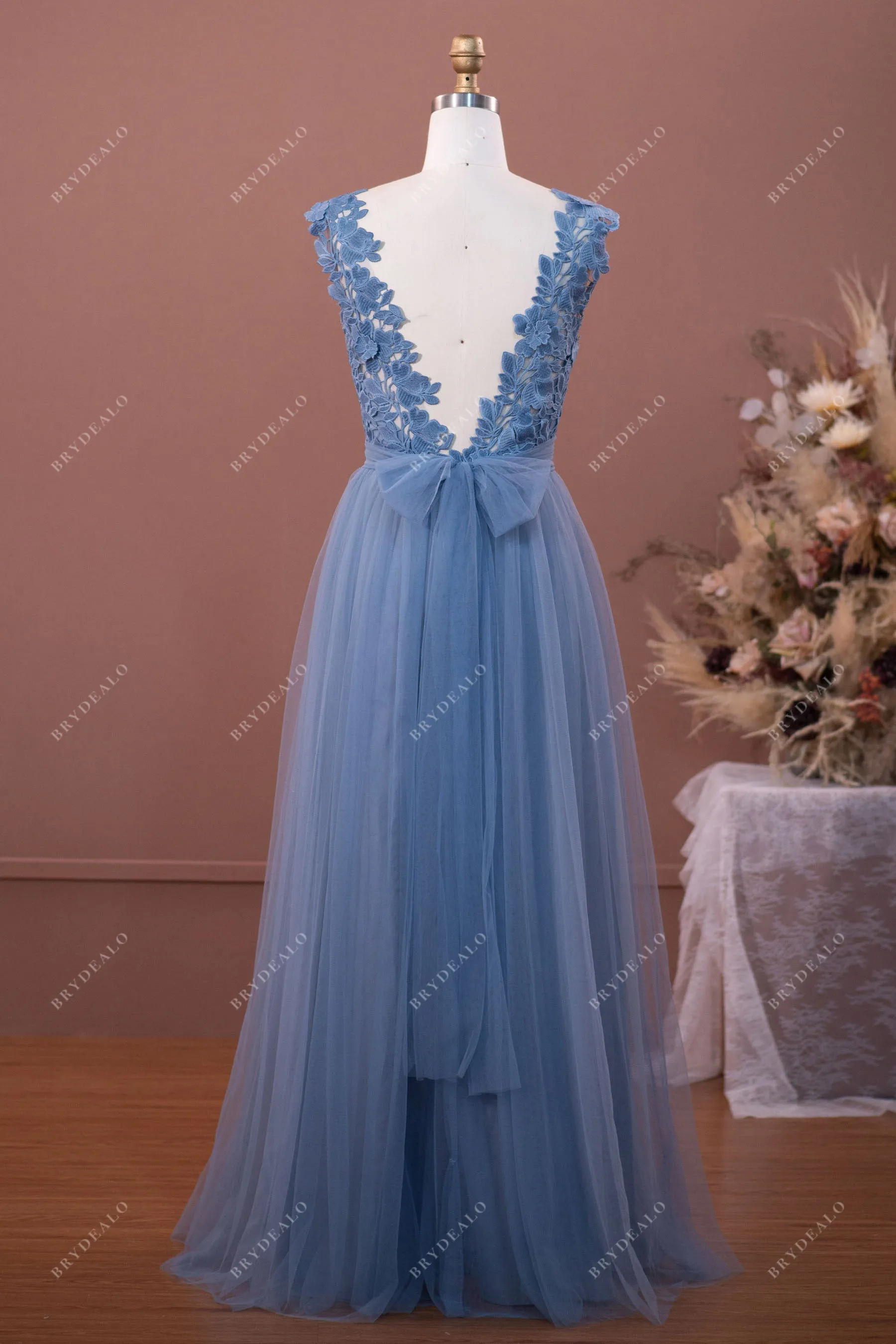 Dusty Blue Lace Tulle A-line Bridesmaid Dress