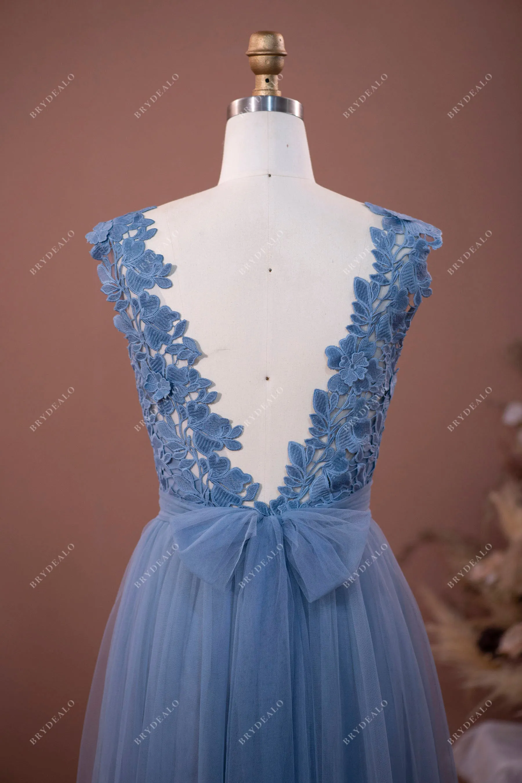 Dusty Blue Lace Tulle A-line Bridesmaid Dress