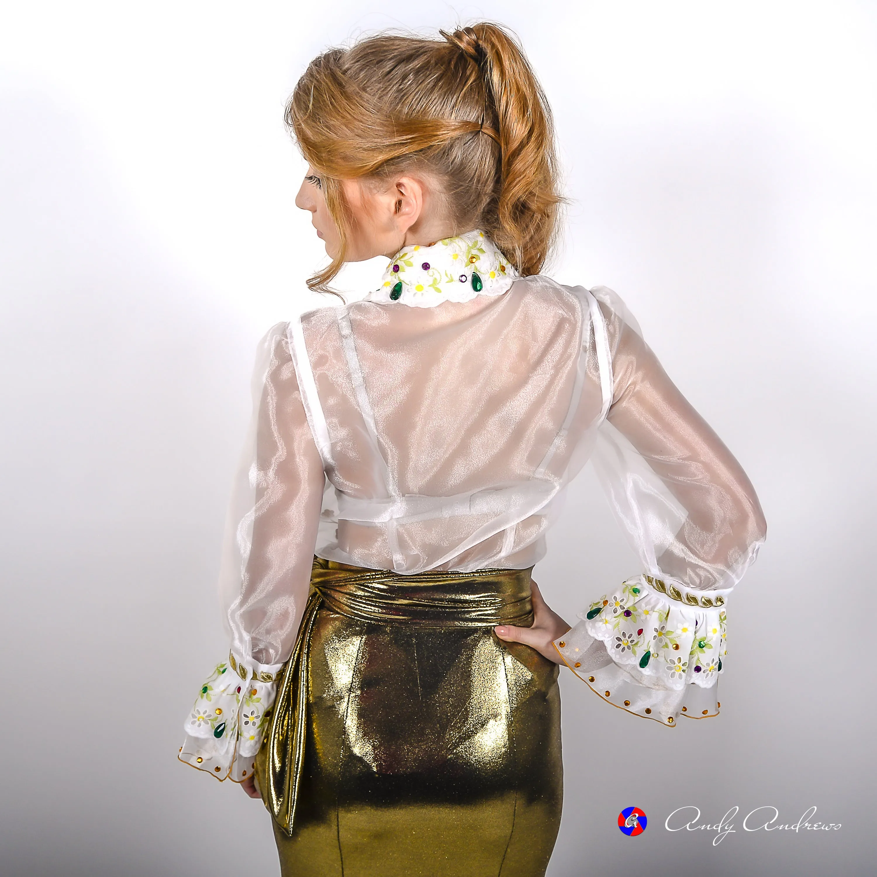 Embellished semi-fitting white organza blouse in sizes XS S M L XL 2XL 3XL 4XL