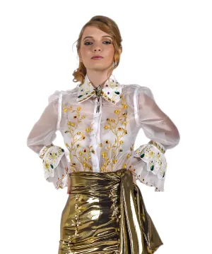 Embellished semi-fitting white organza blouse in sizes XS S M L XL 2XL 3XL 4XL