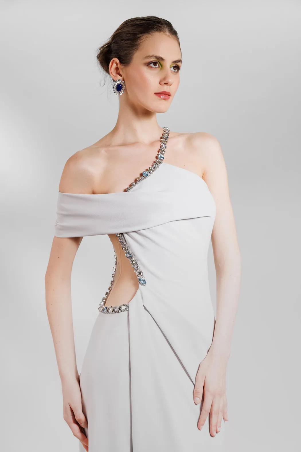 Gemy Maalouf - Beaded Asymmetrical Neckline Gown