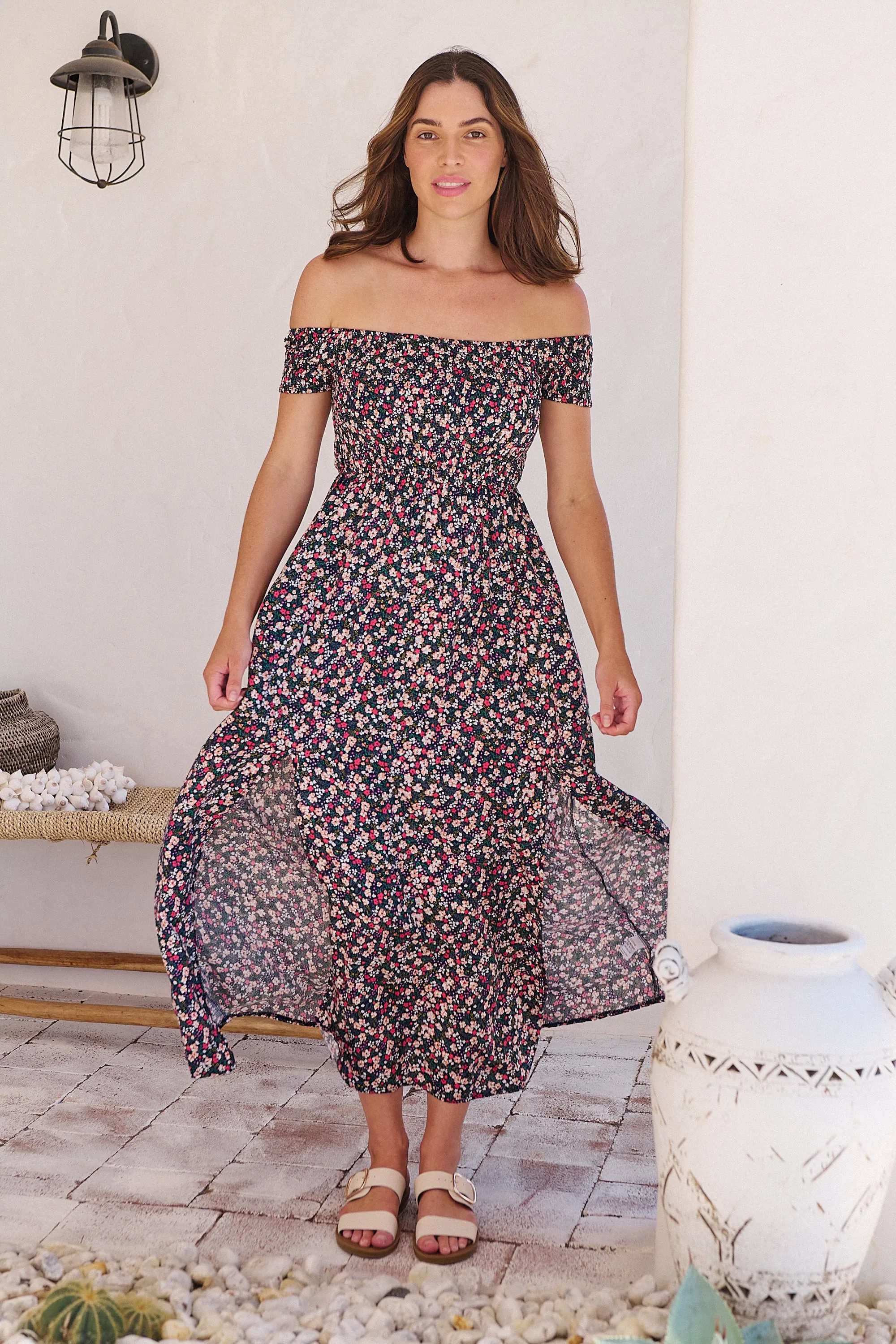 Gigi Shirred off Shoulder Navy Floral Dress