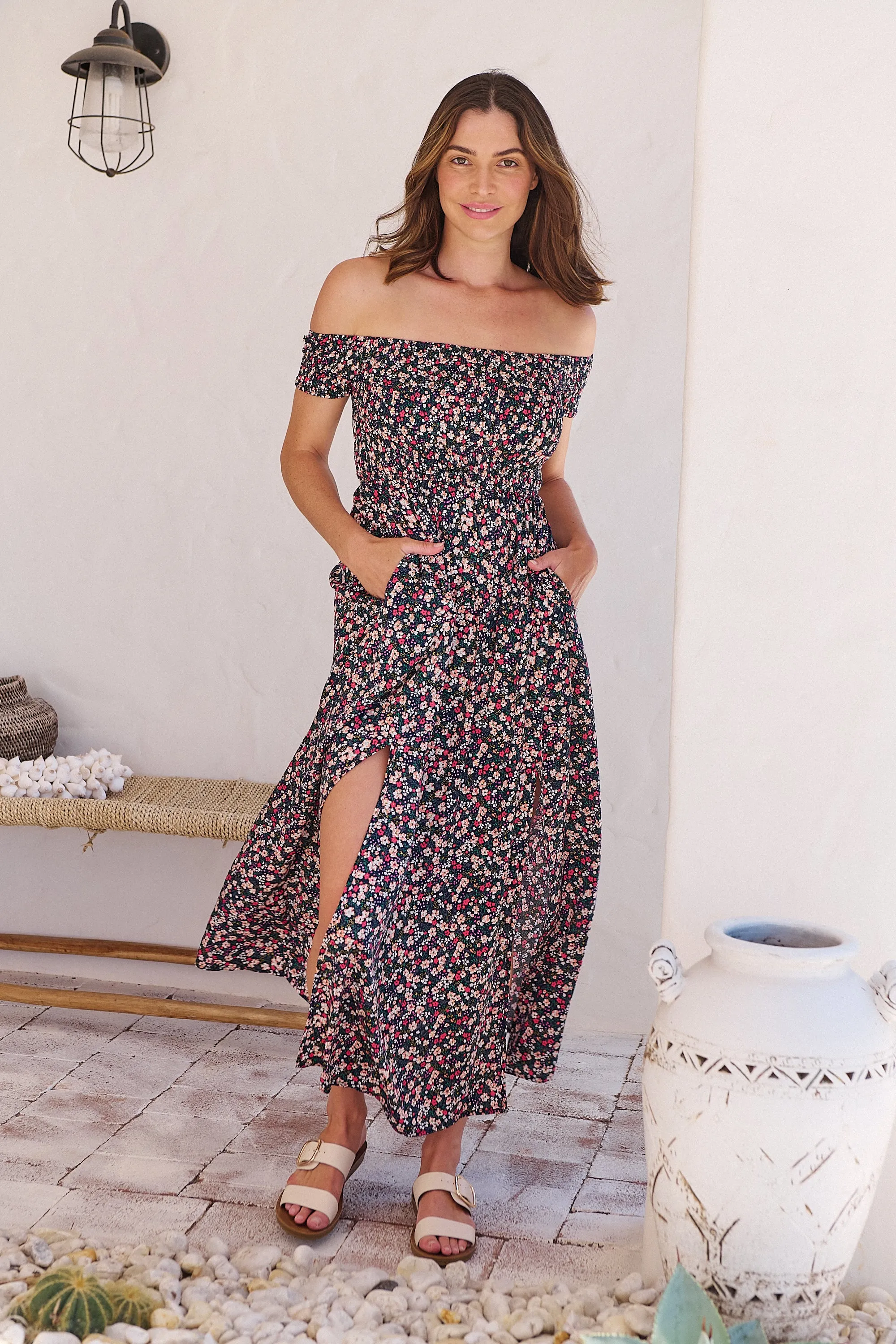 Gigi Shirred off Shoulder Navy Floral Dress