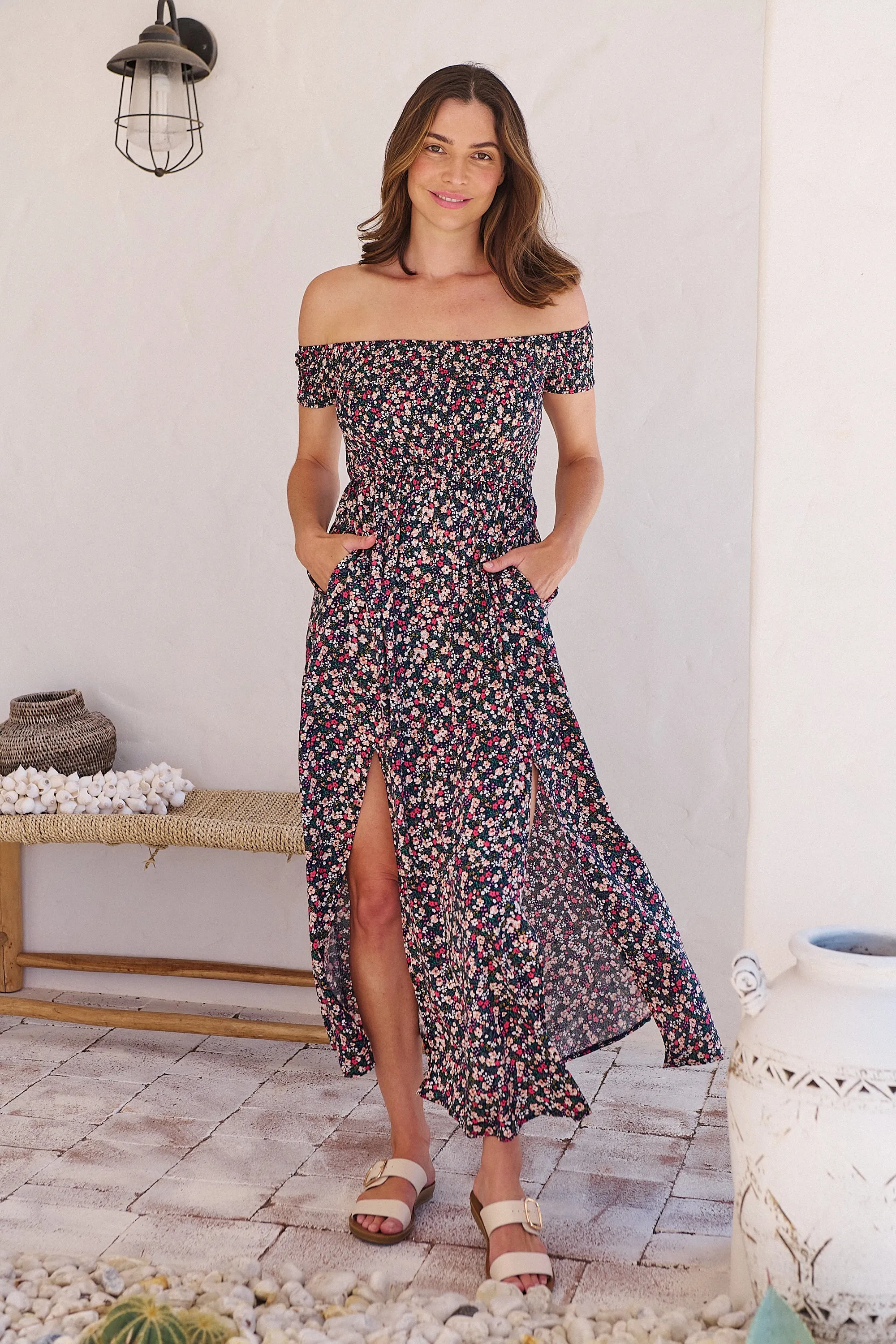 Gigi Shirred off Shoulder Navy Floral Dress