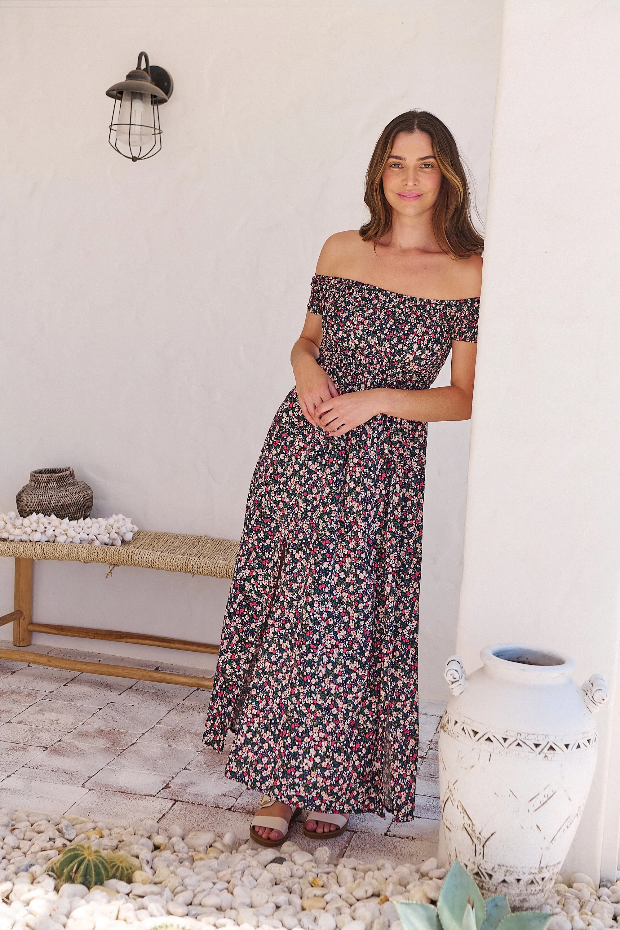 Gigi Shirred off Shoulder Navy Floral Dress