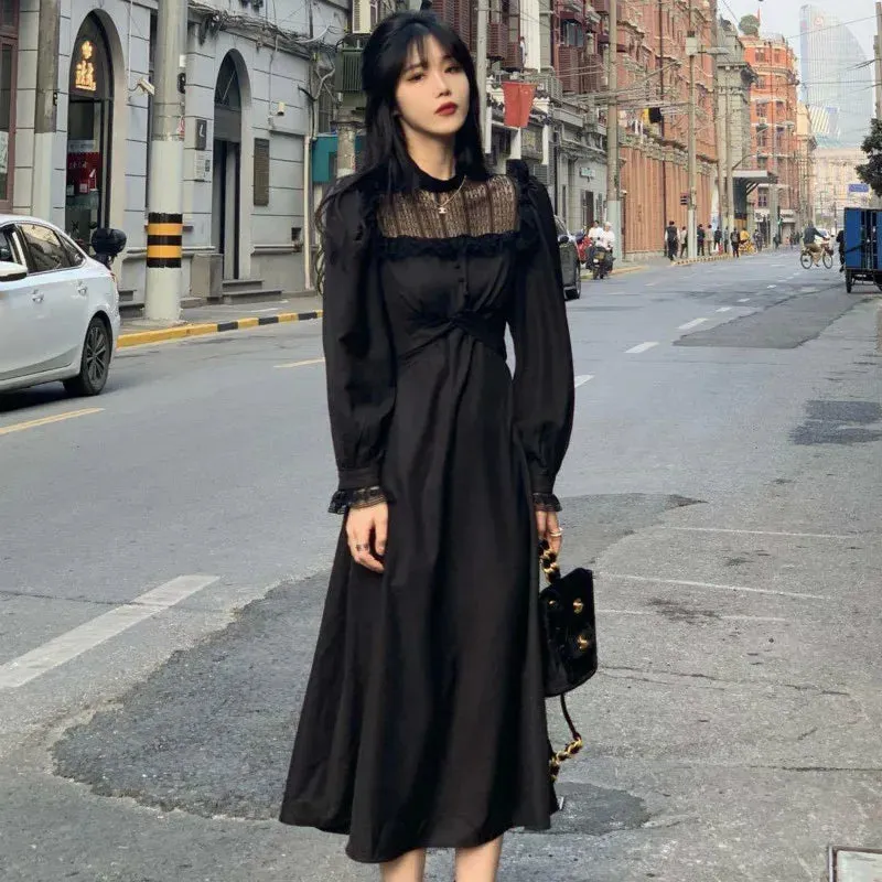 Girlary Gothic Black Y2k Dress Women  Autumn Casual Lace Long Sleeve One Piece Dress Korean Evening Party Elegant Midi Dress Female