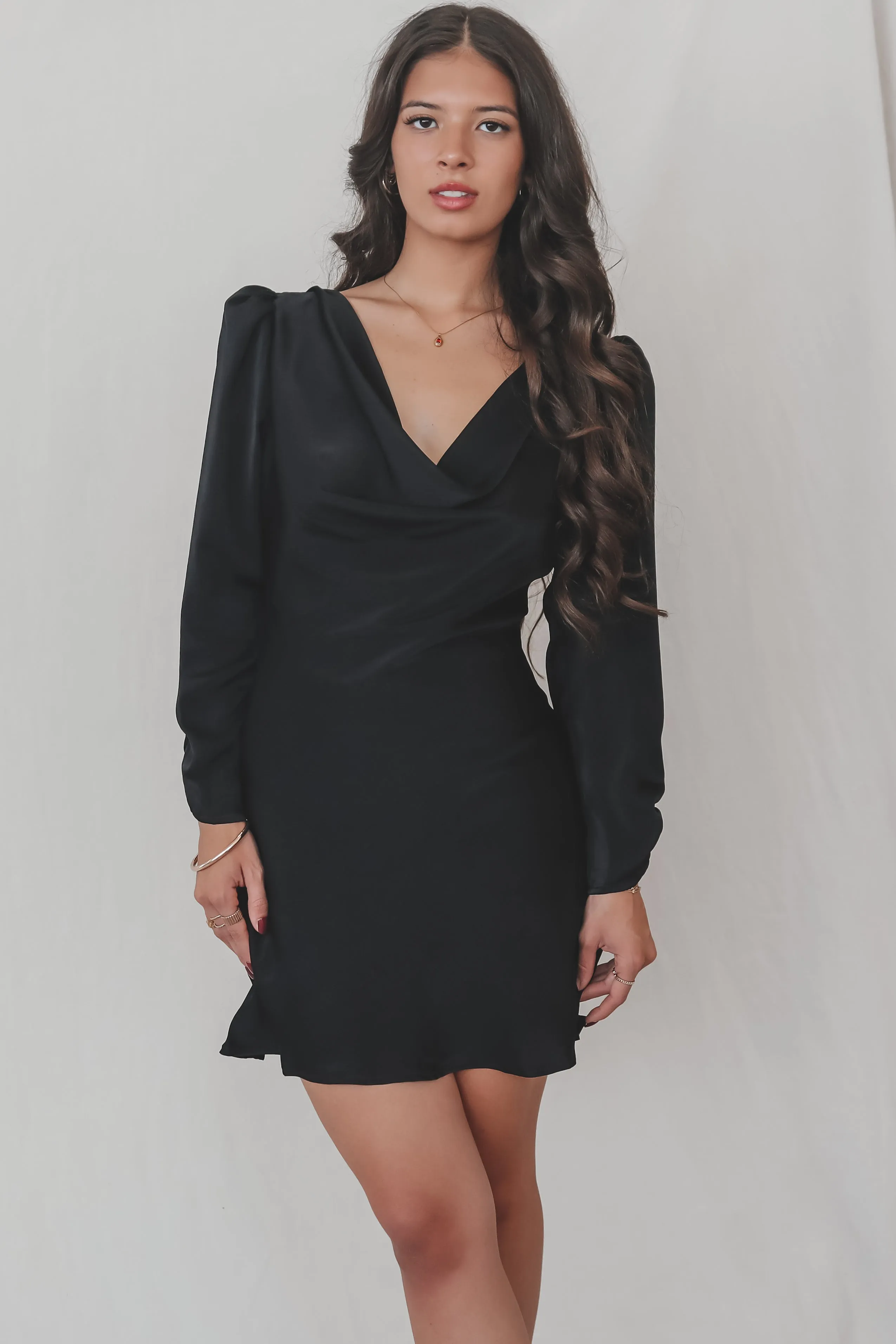 Giving Elegance Long Sleeve Black Cowl Neck Dress