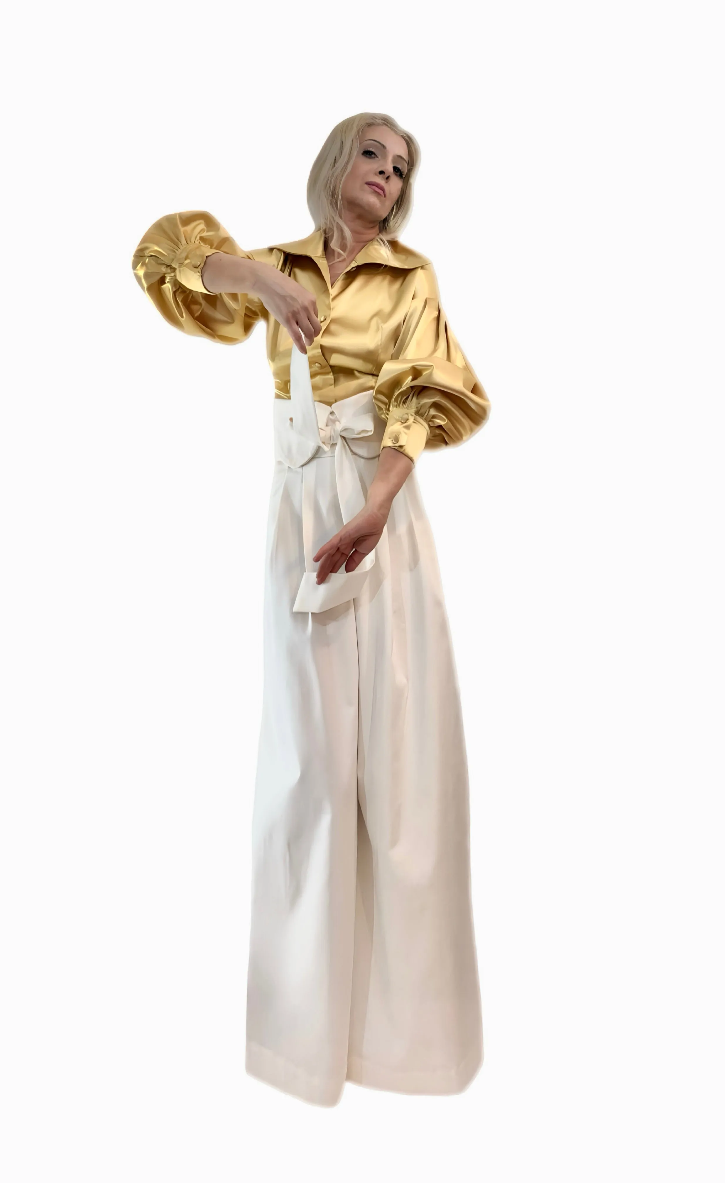 Gold Satin Balloon Sleeve Blouse