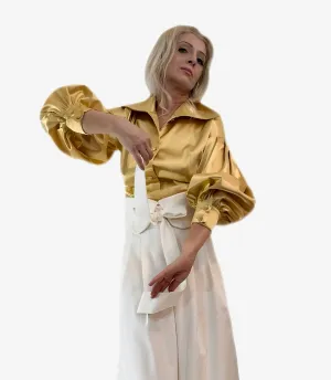 Gold Satin Balloon Sleeve Blouse