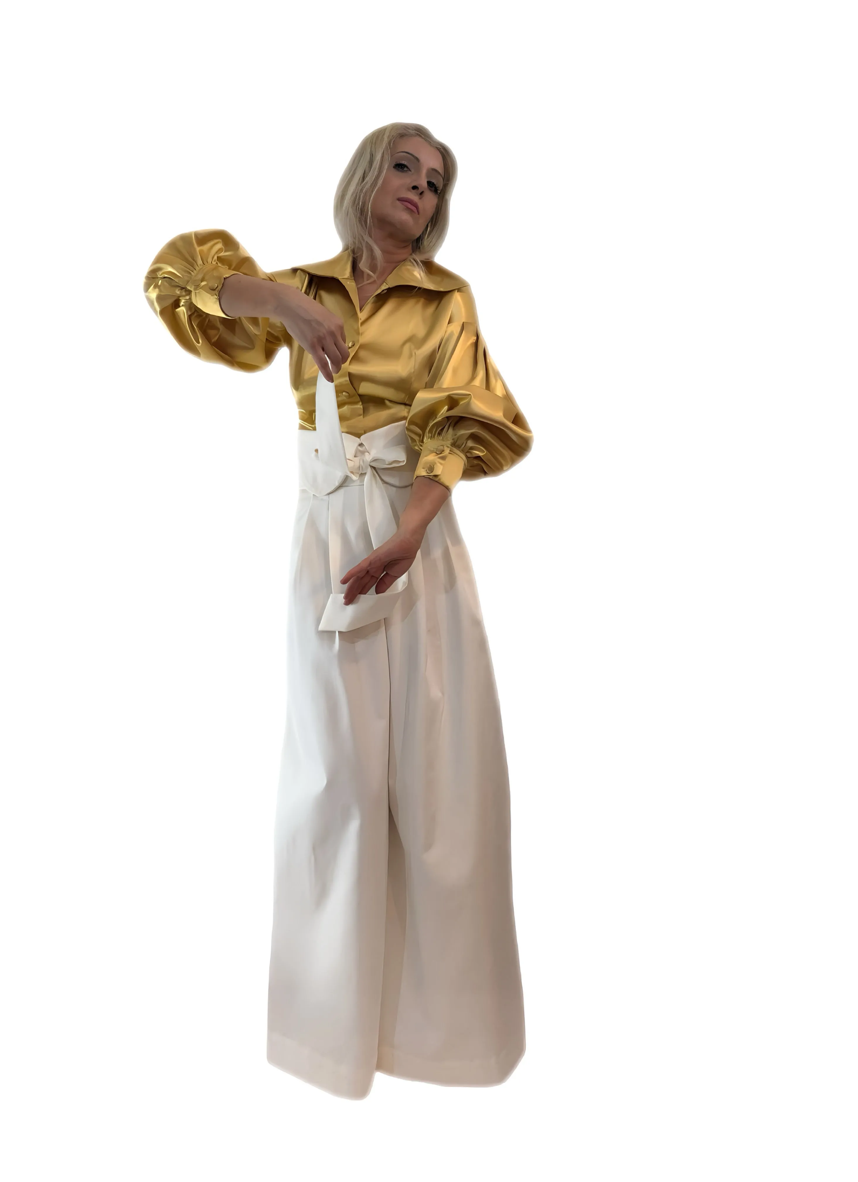 Gold Satin Balloon Sleeve Blouse