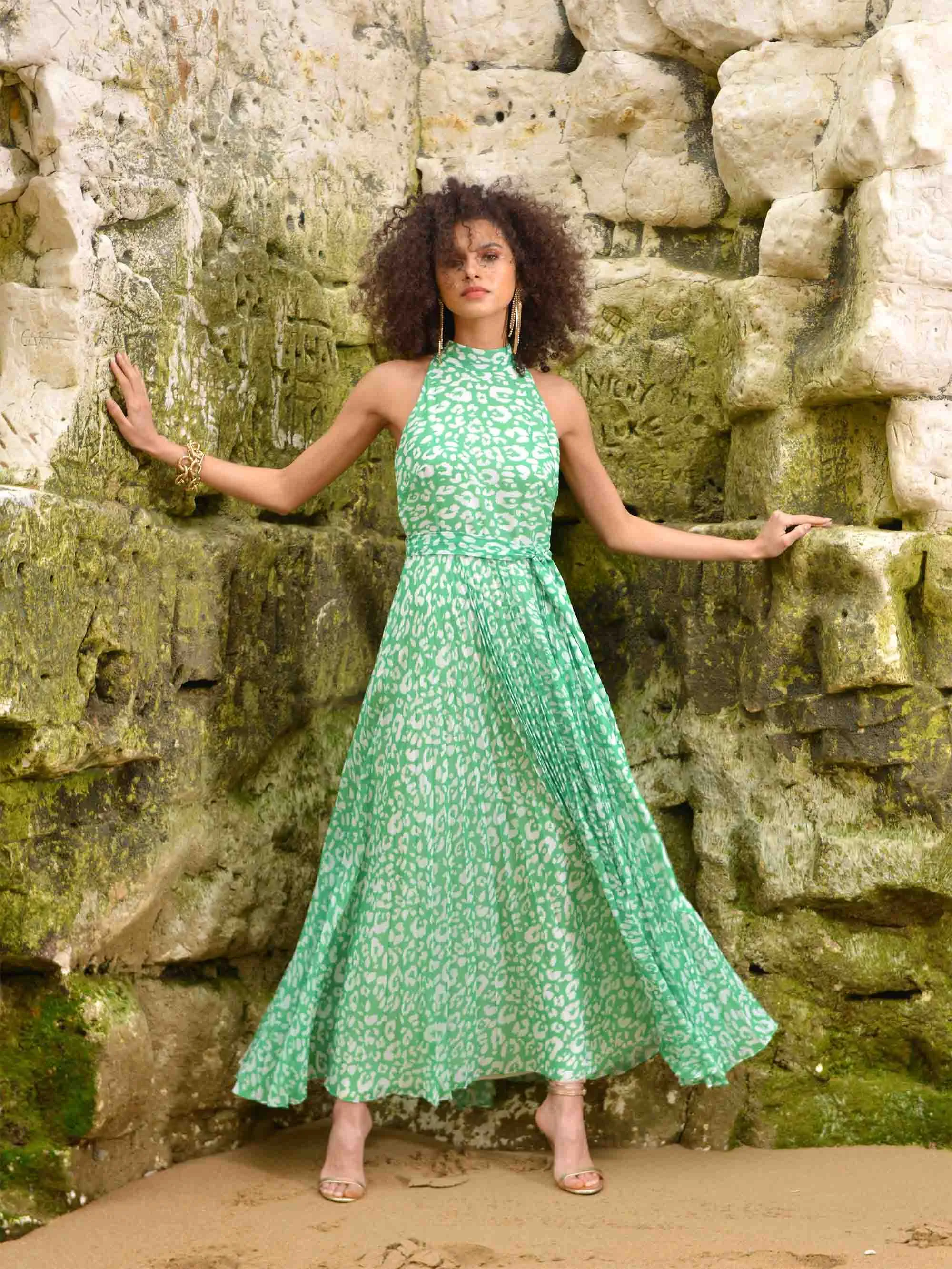 Green Animal Pleated Maxi