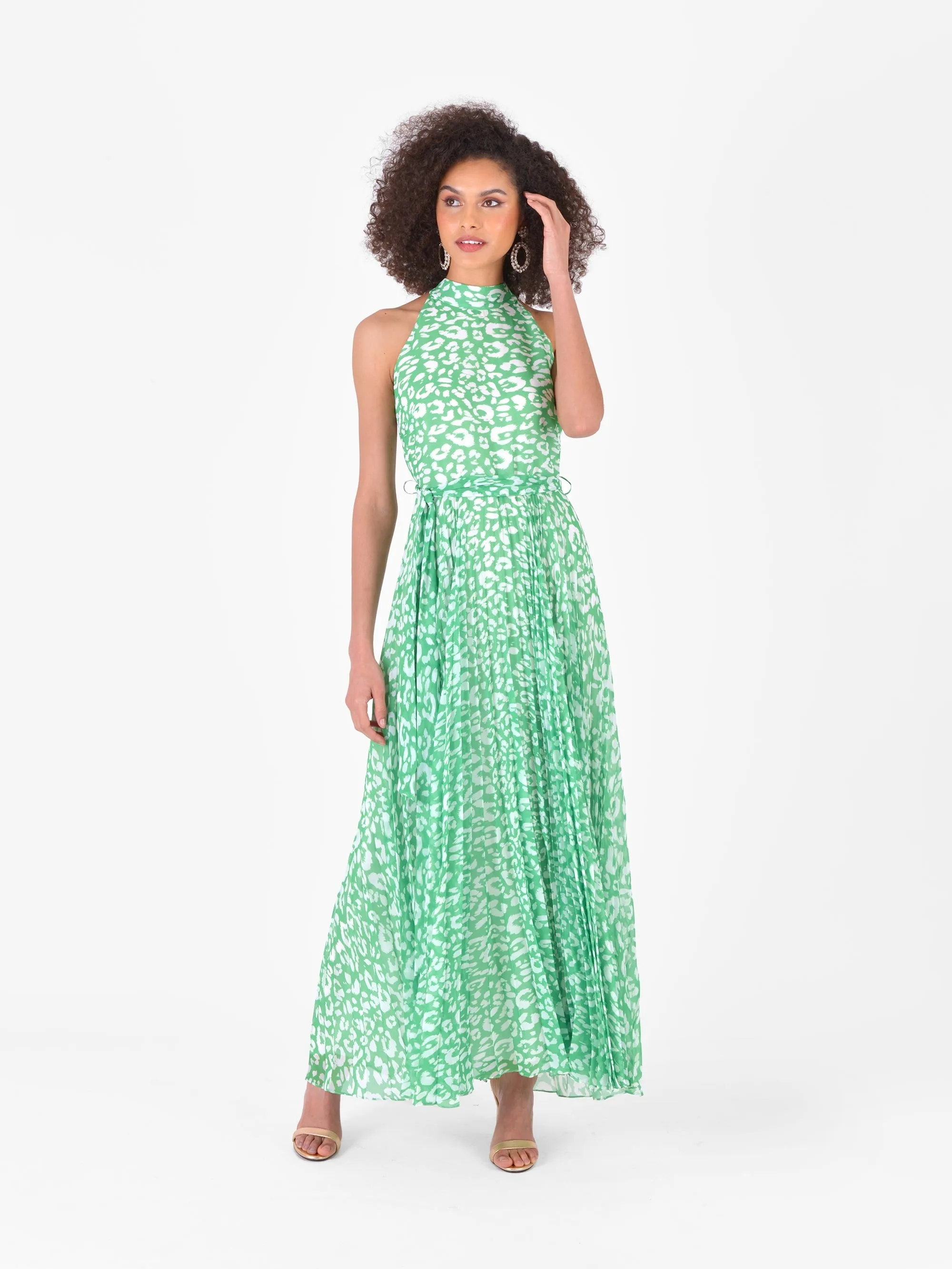 Green Animal Pleated Maxi