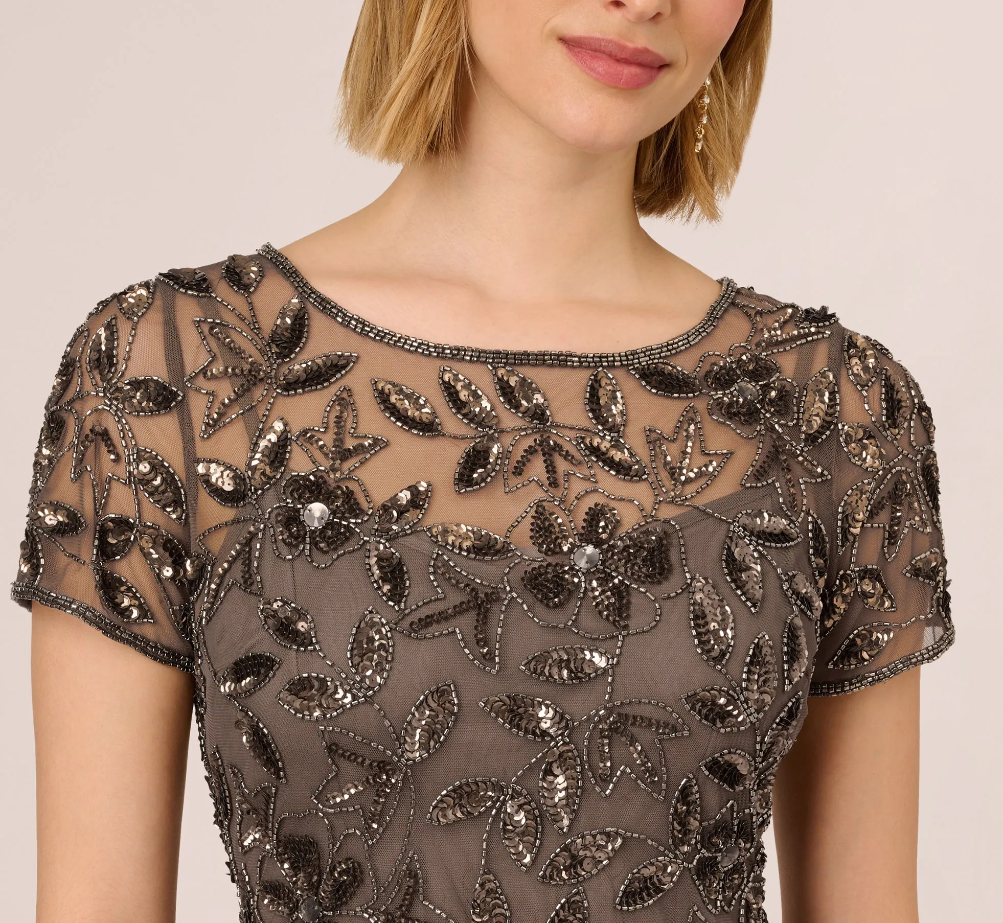 Hand Beaded Short Sleeve Floral Godet Gown In Lead