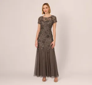 Hand Beaded Short Sleeve Floral Godet Gown In Lead