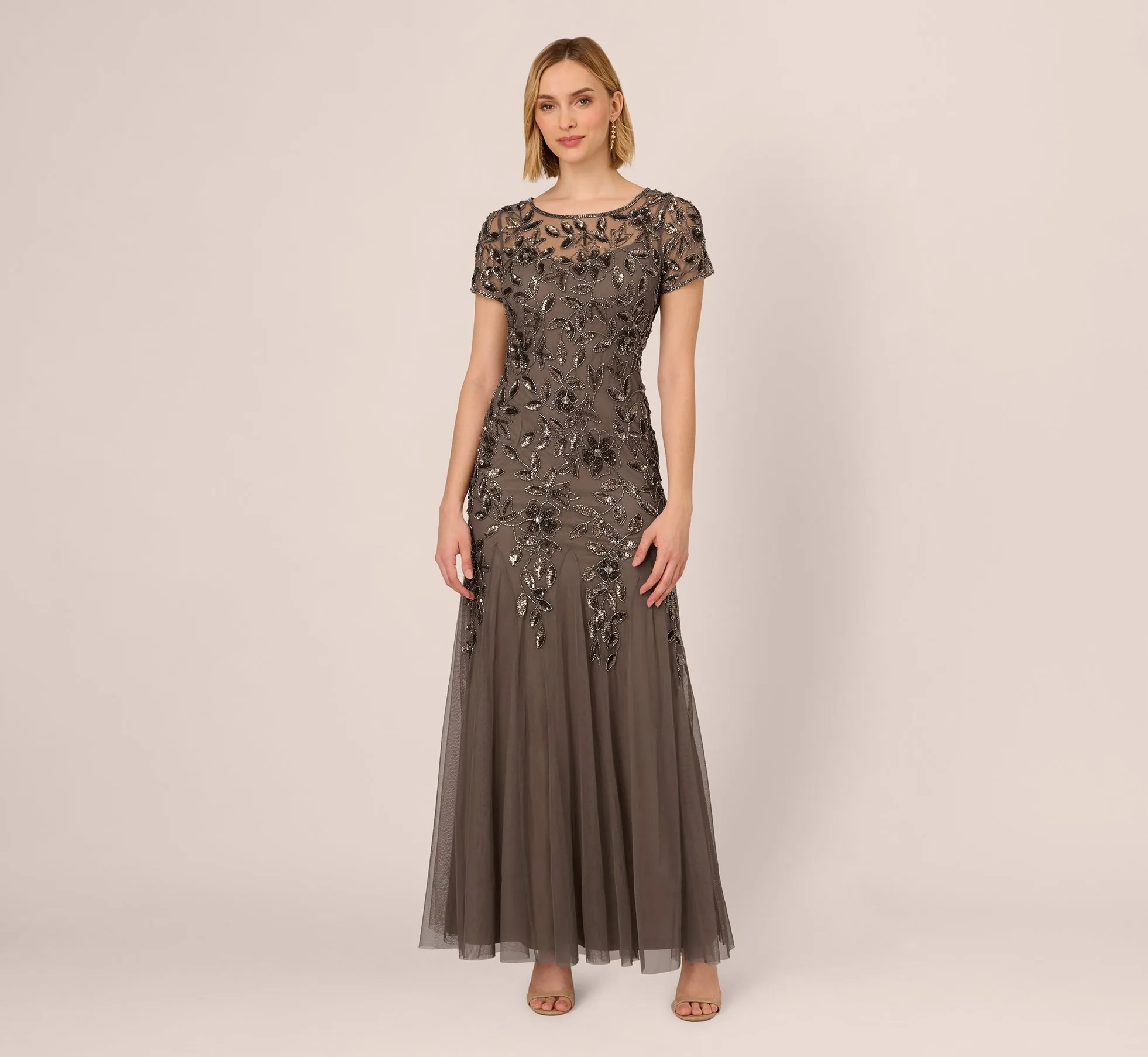 Hand Beaded Short Sleeve Floral Godet Gown In Lead