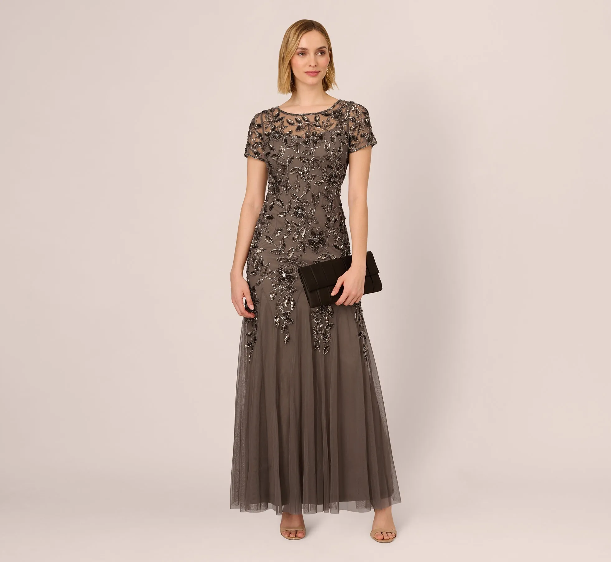 Hand Beaded Short Sleeve Floral Godet Gown In Lead