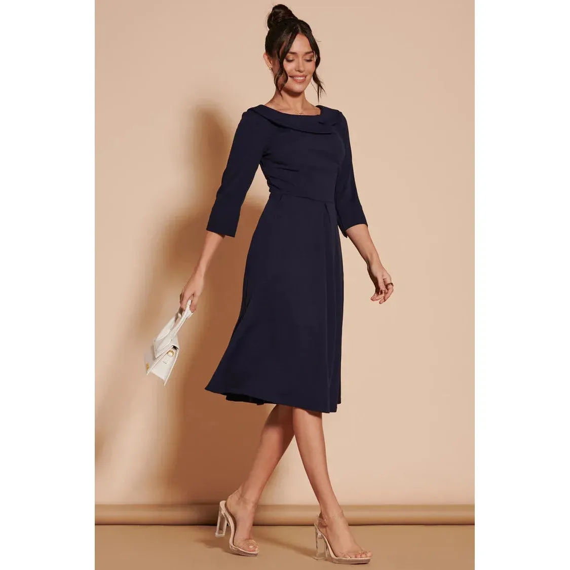 Jolie Moi Navy Fold Neck Button Detail 3/4 Sleeve Midi Dress