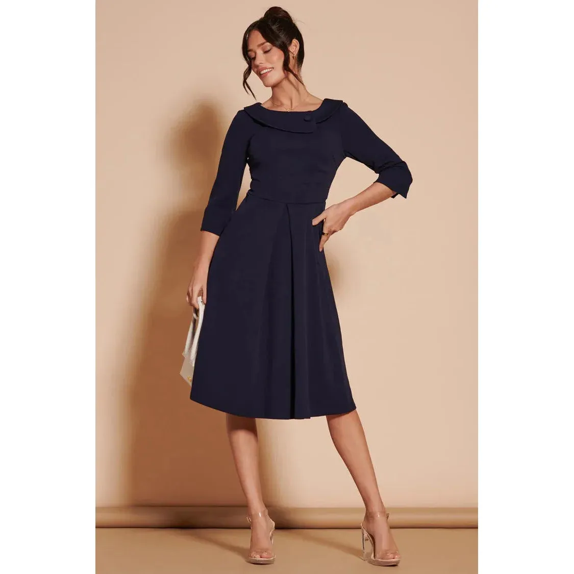 Jolie Moi Navy Fold Neck Button Detail 3/4 Sleeve Midi Dress