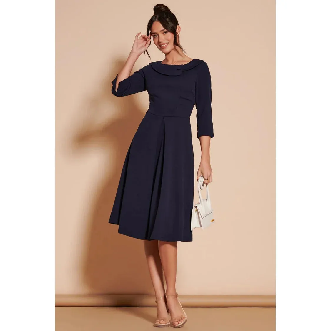 Jolie Moi Navy Fold Neck Button Detail 3/4 Sleeve Midi Dress