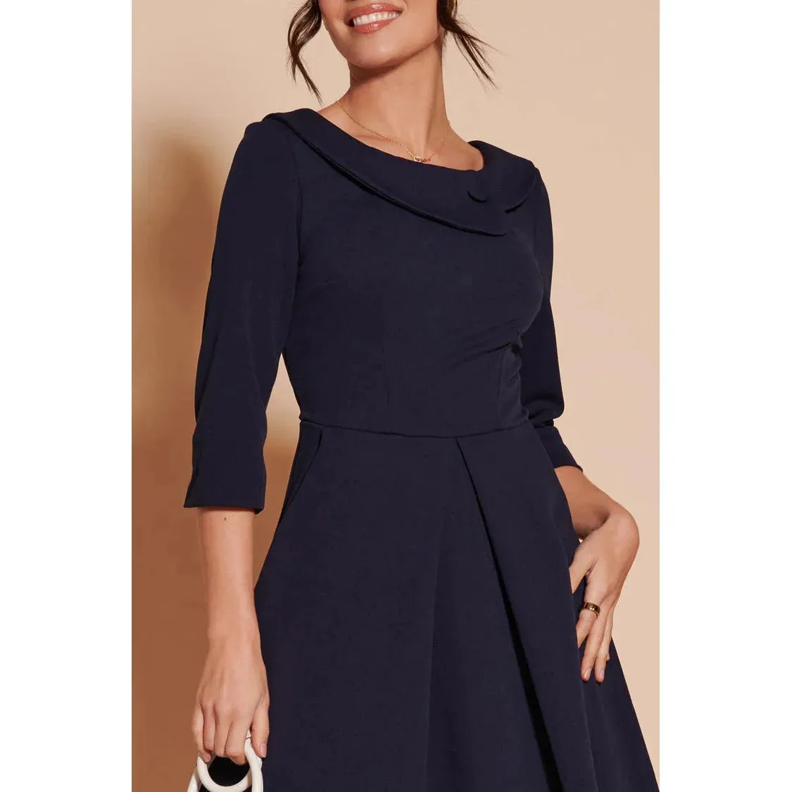 Jolie Moi Navy Fold Neck Button Detail 3/4 Sleeve Midi Dress