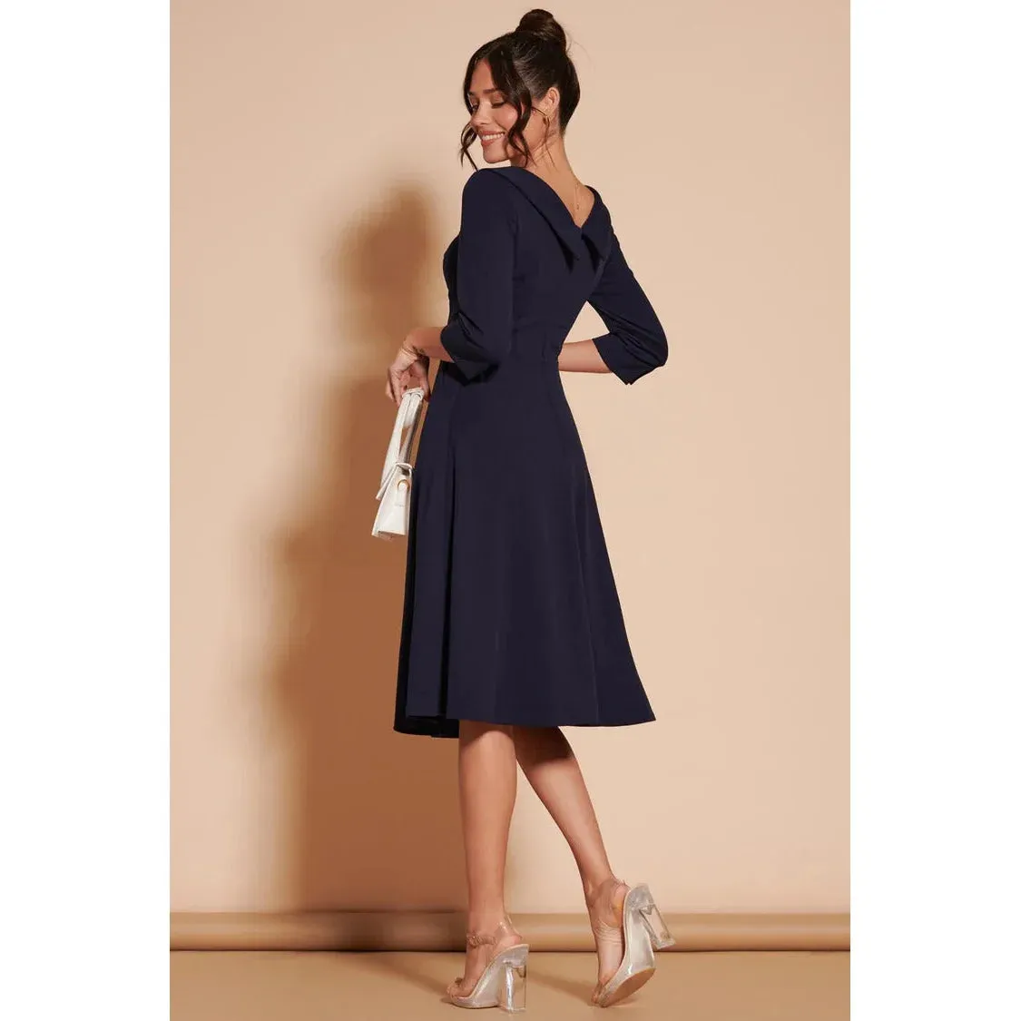 Jolie Moi Navy Fold Neck Button Detail 3/4 Sleeve Midi Dress