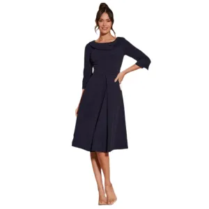 Jolie Moi Navy Fold Neck Button Detail 3/4 Sleeve Midi Dress