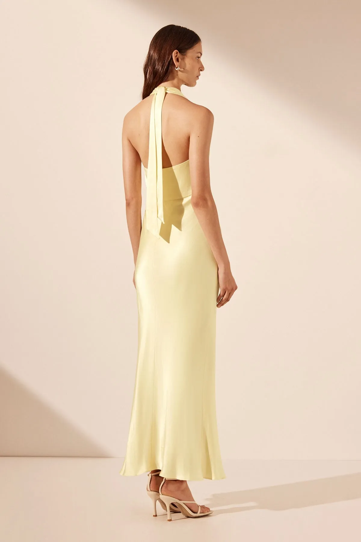 LA LUNE PLUNGED HALTER MIDI DRESS - LEMON