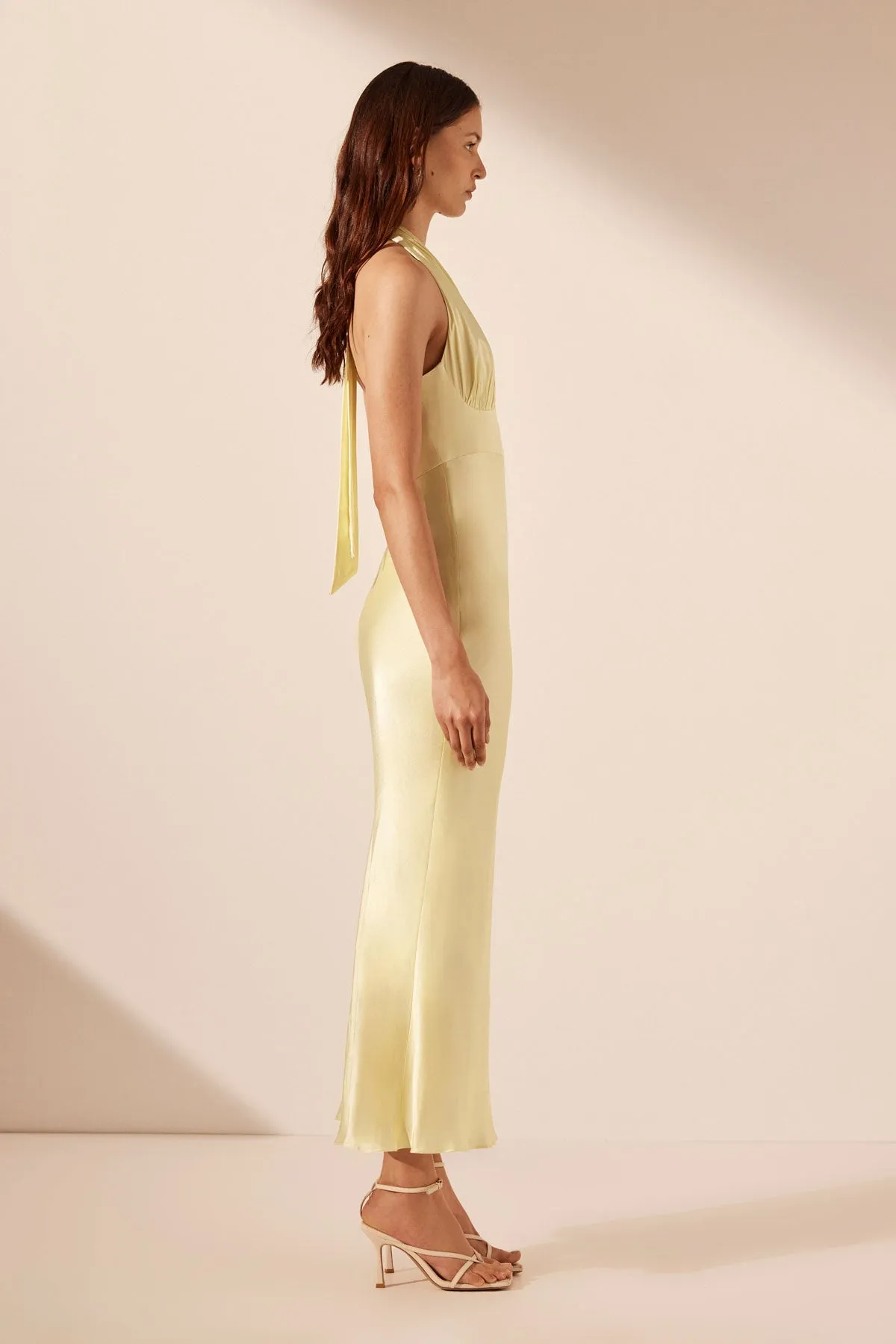 LA LUNE PLUNGED HALTER MIDI DRESS - LEMON