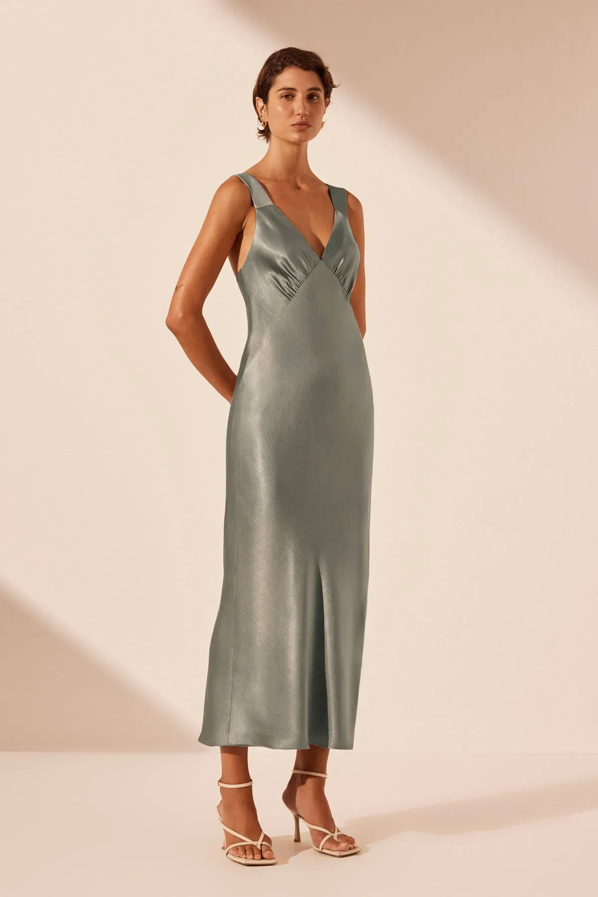 LA LUNE PLUNGED MIDI DRESS - SAGE